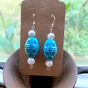 Blue Ceramic Large Bead and Pearl earrings